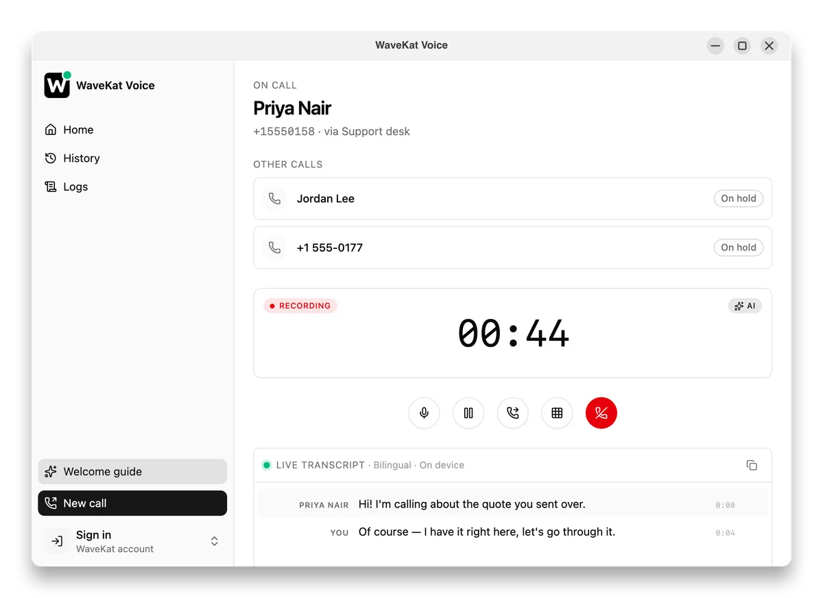 WaveKat Voice on Ubuntu — a live call with two more callers waiting on hold in the call switcher.